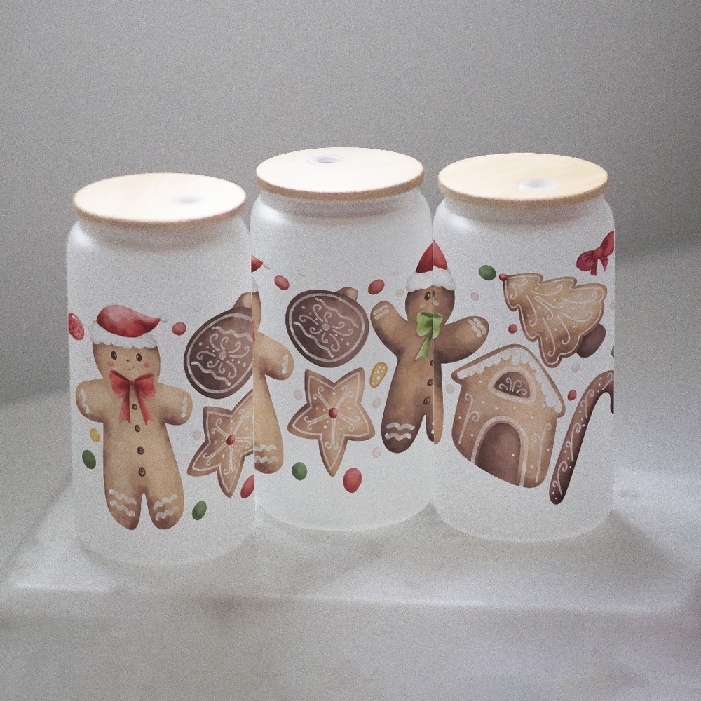 Christmas Cookies Glasses cup 16 oz glass cup with Straw & Bamboo Lid